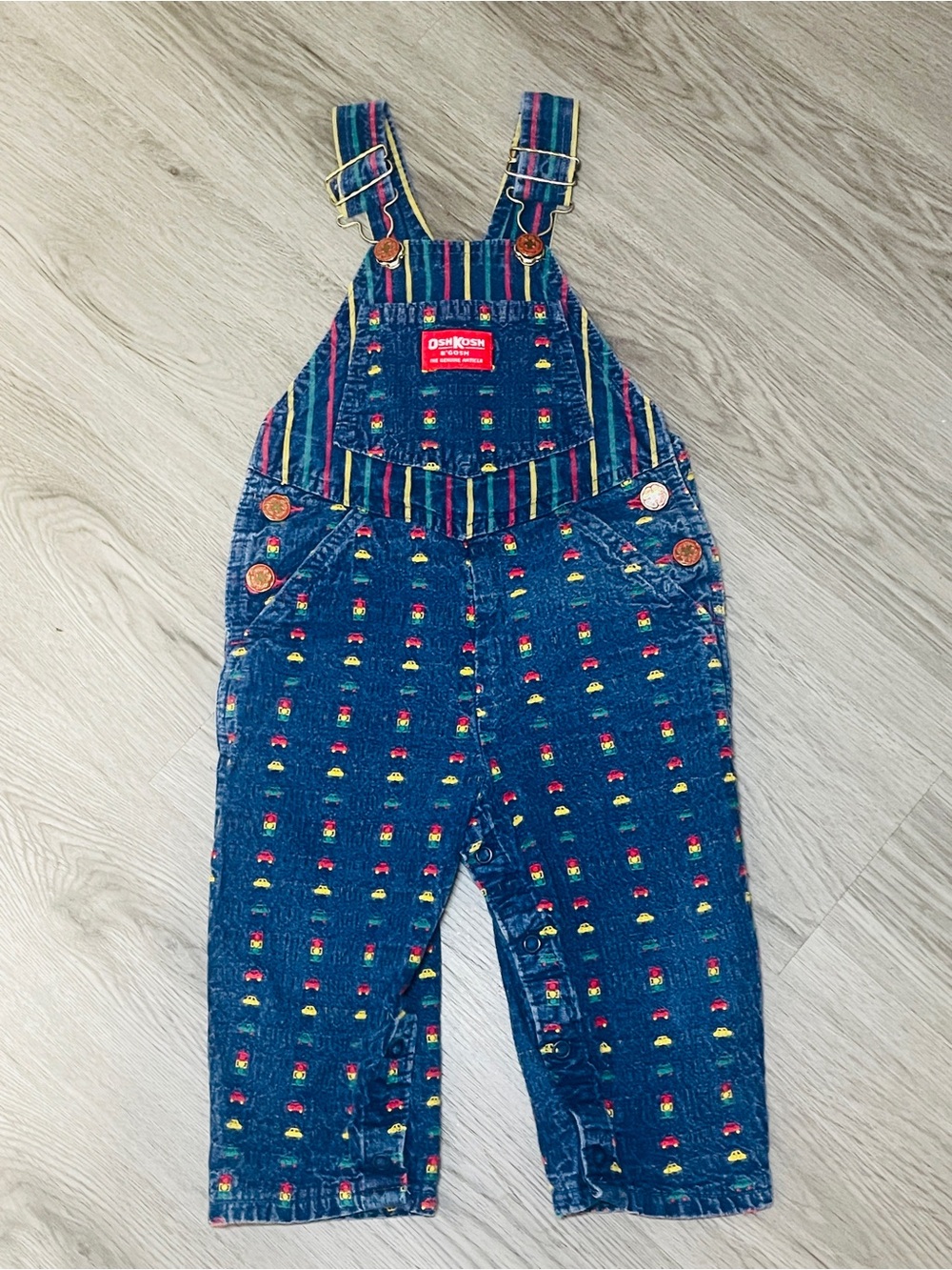 Vintage OshKosh B’gosh Colorful Novelty Print Overalls 2T Trucks Cars Stripes